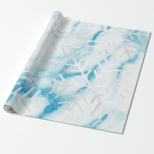 Snowflakes Christmas Holiday Blue Marble Grey Wrapping Paper (Unrolled)