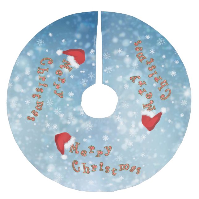 Snowflakes Christmas Red Santa Hat Typography  Brushed Polyester Tree Skirt (Front)