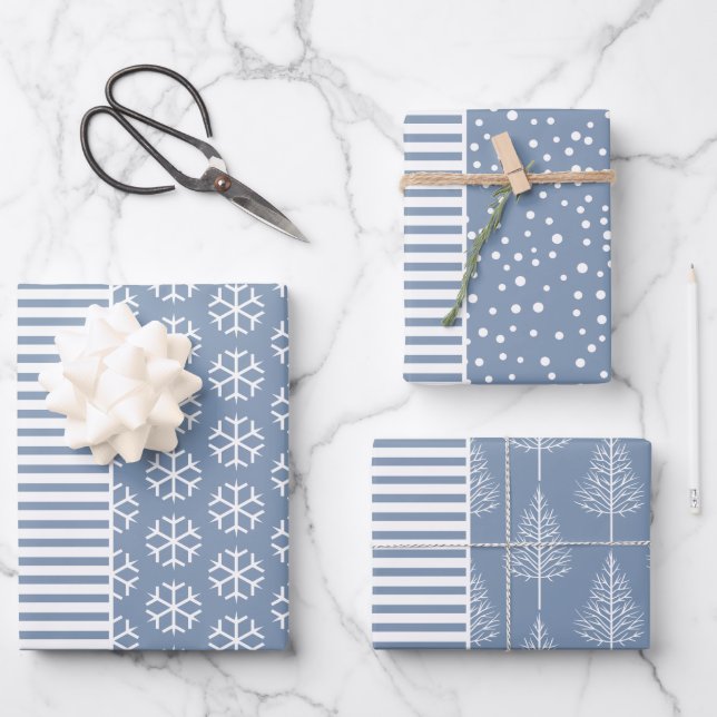 Snowflakes, Christmas trees and stripes dusty blue Wrapping Paper Sheet (Front)