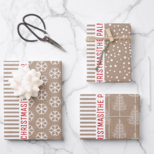 Snowflakes, Christmas trees, brown kraft stripes Wrapping Paper Sheet