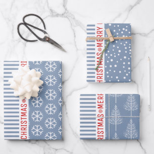 Snowflakes, Christmas trees dusty blue stripes red Wrapping Paper Sheet