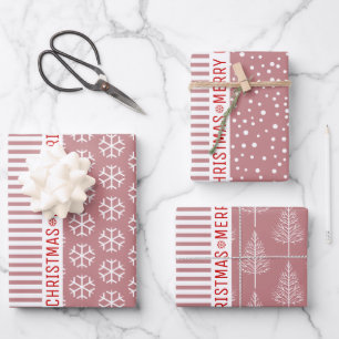 Snowflakes, Christmas trees dusty rose stripes red Wrapping Paper Sheet