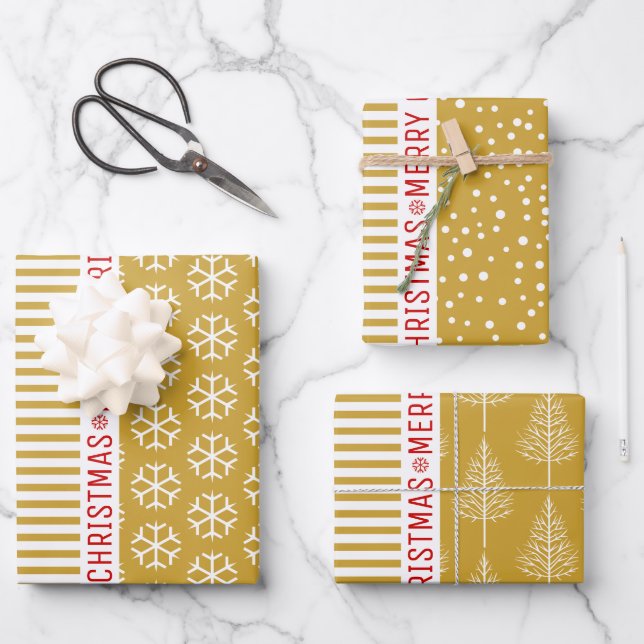 Snowflakes, Christmas trees gold stripes red Wrapping Paper Sheet (Front)