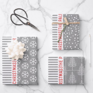 Snowflakes, Christmas trees, grey kraft stripes Wrapping Paper Sheet