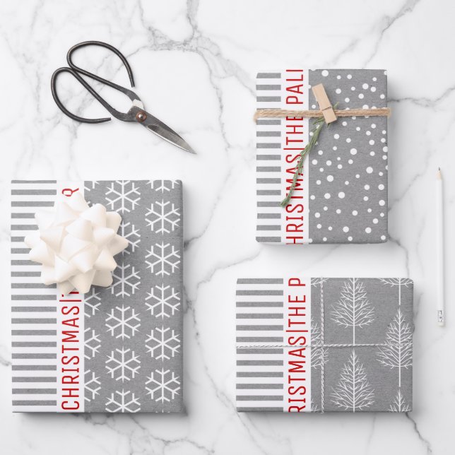 Snowflakes, Christmas trees, grey kraft stripes Wrapping Paper Sheet (Front)
