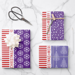 Snowflakes, Christmas trees red stripes blue Wrapping Paper Sheet