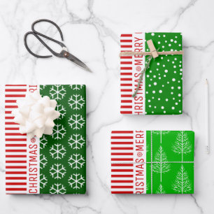 Snowflakes, Christmas trees red stripes green Wrapping Paper Sheet
