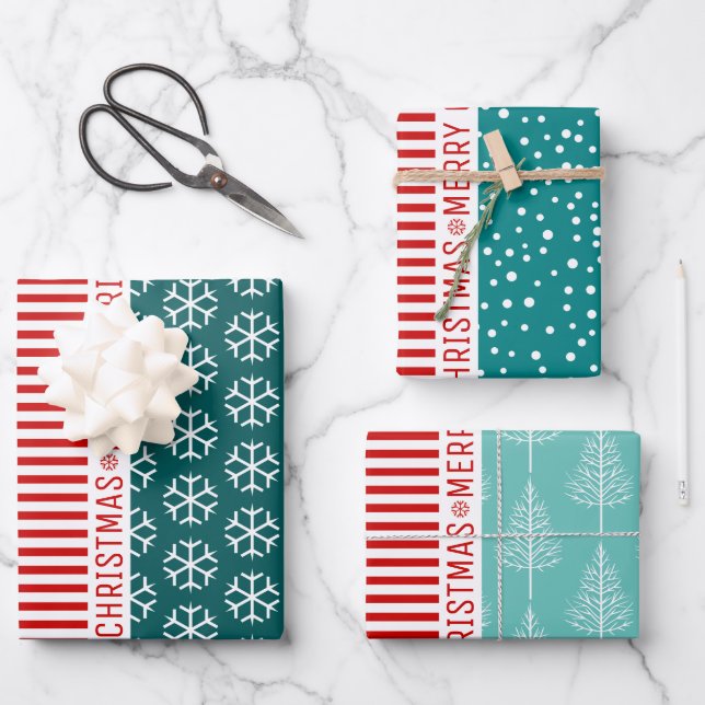 Snowflakes, Christmas trees red stripes teal blue Wrapping Paper Sheet (Front)