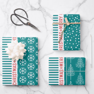 Snowflakes, Christmas trees teal blue stripes red Wrapping Paper Sheet