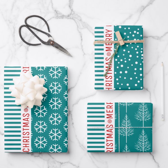 Snowflakes, Christmas trees teal blue stripes red Wrapping Paper Sheet (Front)