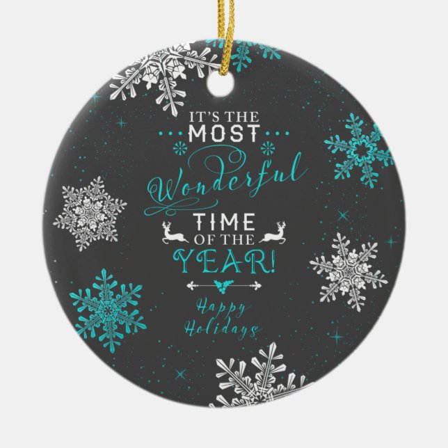 Snowflakes Christmas Xmas Most Wonderful Time 3 Ceramic Ornament (Front)
