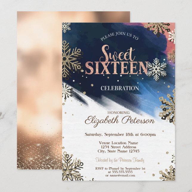 Snowflakes,Confetti,Brush Stroke,Bokeh Sweet 16 Invitation (Front/Back)
