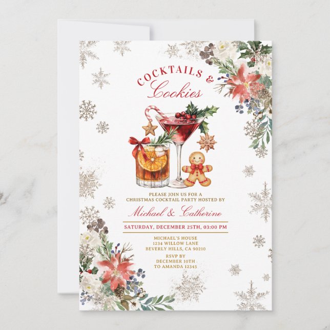 Snowflakes Cookies & Cocktails Cozy Rustic  Invitation (Front)