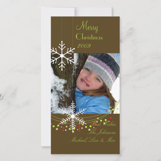 Snowflakes ~ dark chocolate, green christmas holiday card (Front)