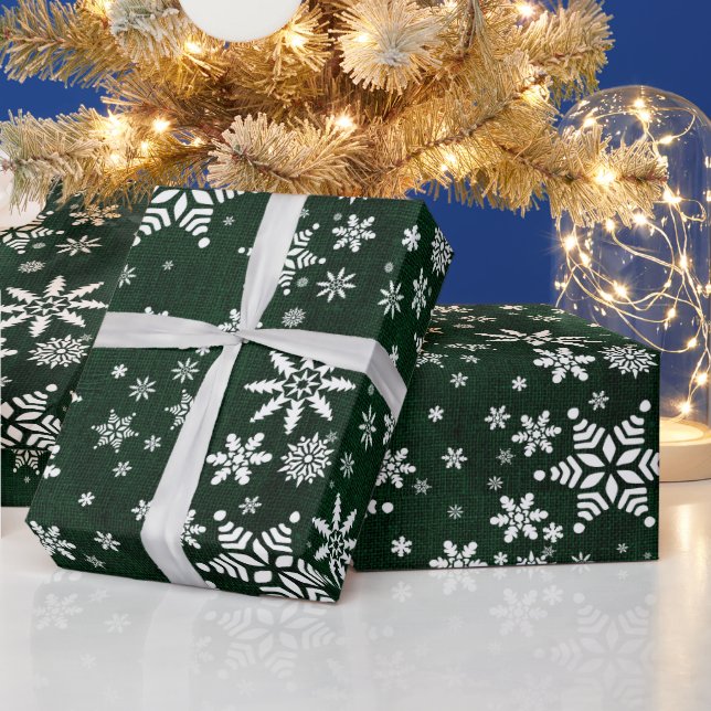 Snowflakes - Dark Green Burlap Texture Wrapping Paper (Holidays)