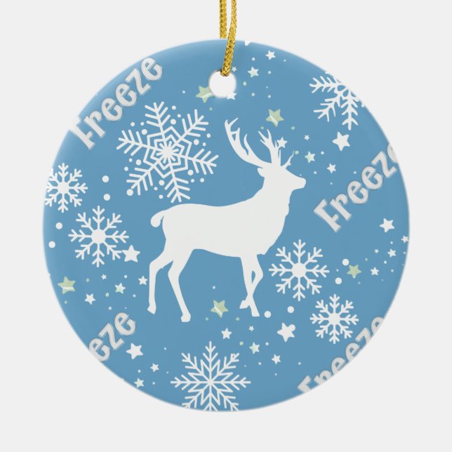 snowflakes deer blue ceramic ornament (Front)