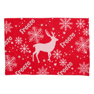 snowflakes deer red pillowcase