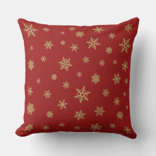 Snowflakes Design Gold on Red Throw Pillow