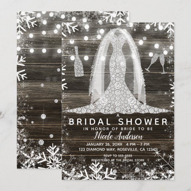 Snowflakes Diamond Wedding Dress Bridal Shower Invitation (Front/Back)