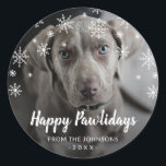 Snowflakes Dog Photo Cute Christmas Classic Round Sticker<br><div class="desc">Cute Christmas gift label sticker featuring a simple design with snowflakes surrounding your favourite photo of your dog.  The bottom has the greeting "Happy Pawlidays" in a modern chalk script along with your family name and the year.</div>