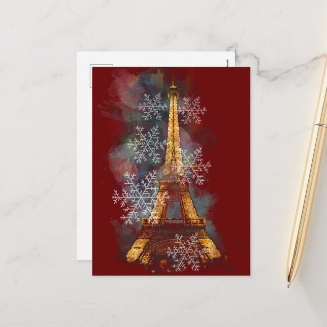 Snowflakes Eiffel Tower Paris Winter Christmas Holiday Postcard (Front/Back In Situ)