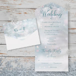 Snowflakes Elegant Script Winter Wedding All In One Invitation<br><div class="desc">All in one winter wedding invitation featuring snowflakes on a winter frost background. The invitation includes a perforated RSVP card that’s can be individually addressed or left blank for you to handwrite your guest's address details. Designed by Thisisnotme©</div>