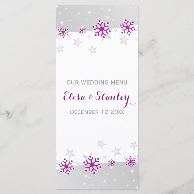 Snowflakes en violet & gris étoiles menu mariage (Devant)