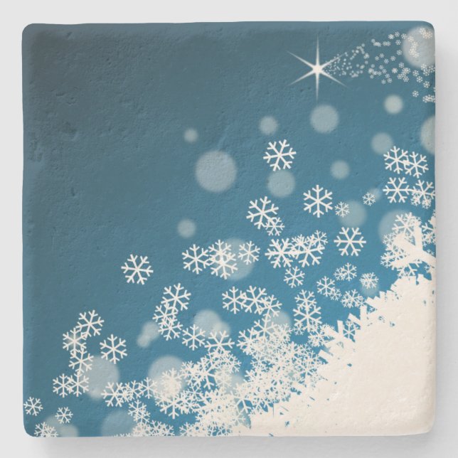Snowflakes Falling on Blue Christmas Stone Coaster (Front)