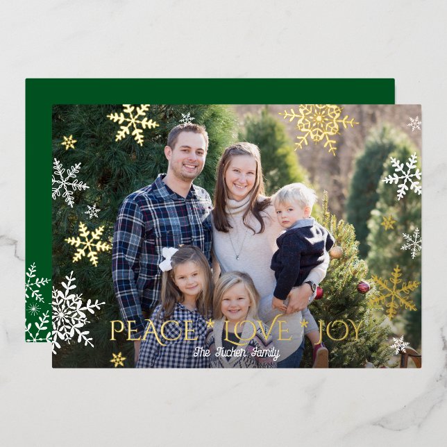 Snowflakes Falling Peace Love Joy Green Photo Gold Foil Holiday Card (Front/Back)