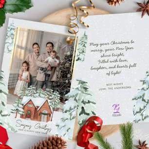 Snowflakes Family Photo Scandi Pine Christmas Tree Holiday Card