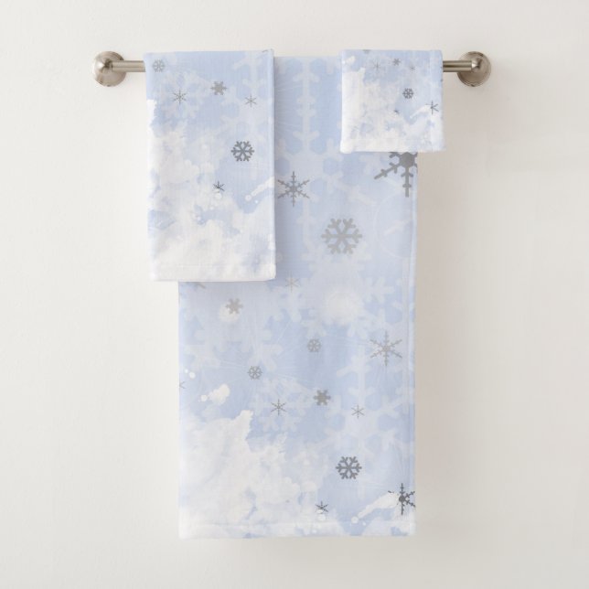 Snowflakes faux metal on baby blue pastel colour bath towel set (Insitu)