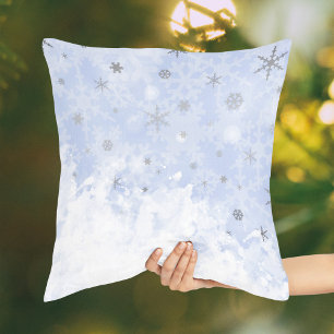 Snowflakes Faux Metal on Baby Blue Pastel Elegant Throw Pillow