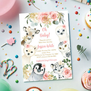 Snowflakes Floral Animals Baby Shower Invitation