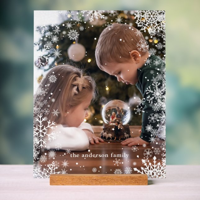 Snowflakes Frame Personalized Photo Acrylic Sign (Neutral)