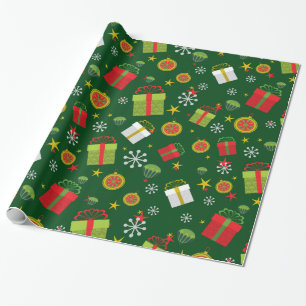 Snowflakes Gift box Cupcakes Stars Green Christmas Wrapping Paper