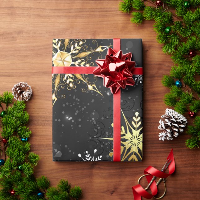 Snowflakes Gold Black Xmas Christmas Gift Wrapping Paper (Holiday Gift)