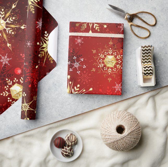Snowflakes Gold Red Xmas Christmas Gift Wrapping Paper (Crafts)