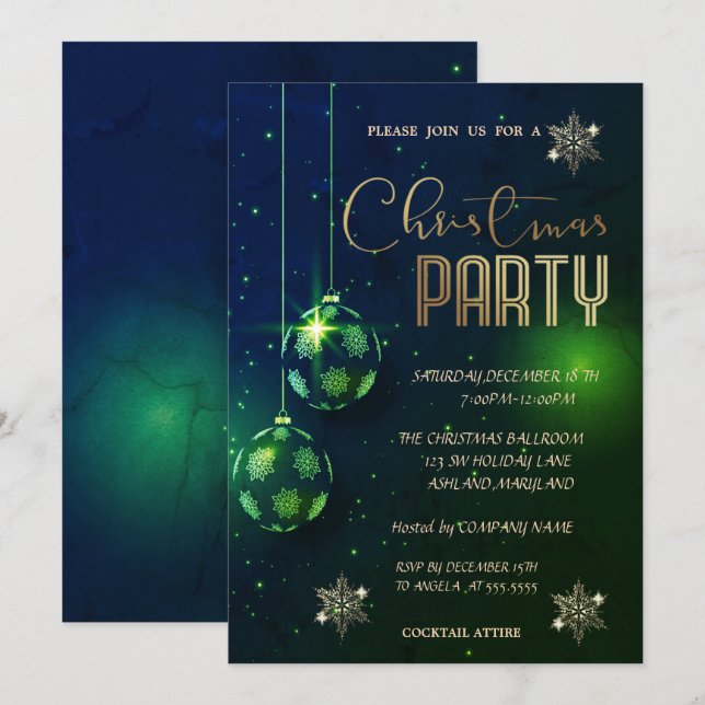 Snowflakes Green Balls Christmas Corporated  Invitation (Front/Back)