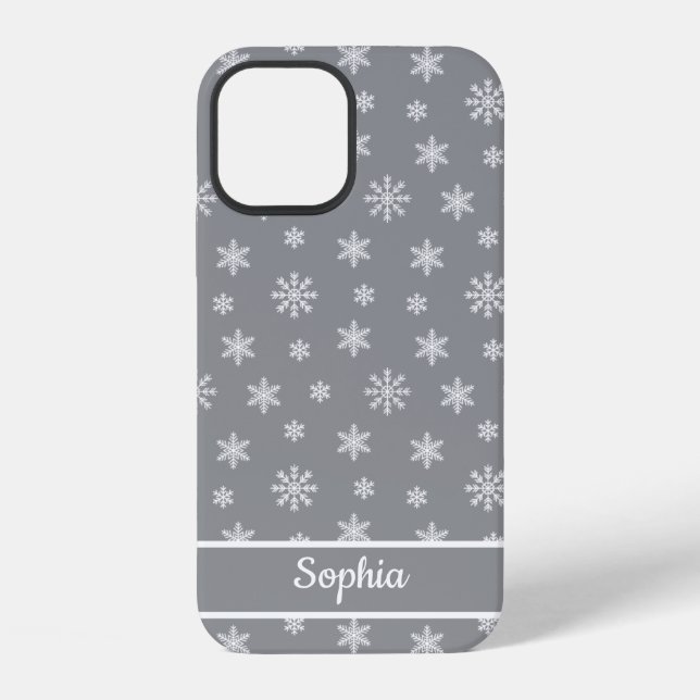 Snowflakes Grey pattern personalized name iPhone Case (Back)