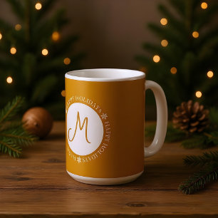 Snowflakes Happy Holidays Golden Yellow Monogram  Coffee Mug