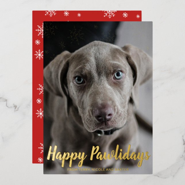 Snowflakes Happy Pawlidays Dog Photo Christmas Foil Holiday Card (Front/Back)
