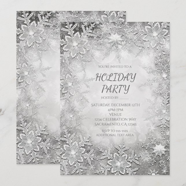 Snowflakes hiver Invitations Silver & White Party (Devant / Derrière)
