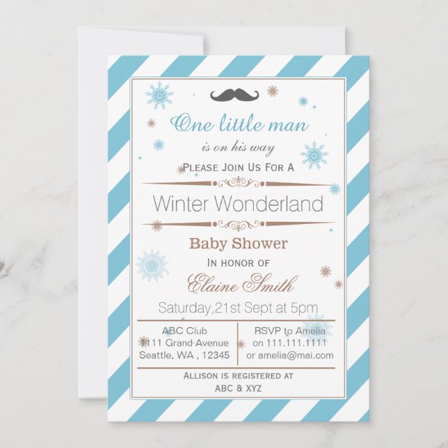Snowflakes hiver Mustache baby shower invitation (Devant)
