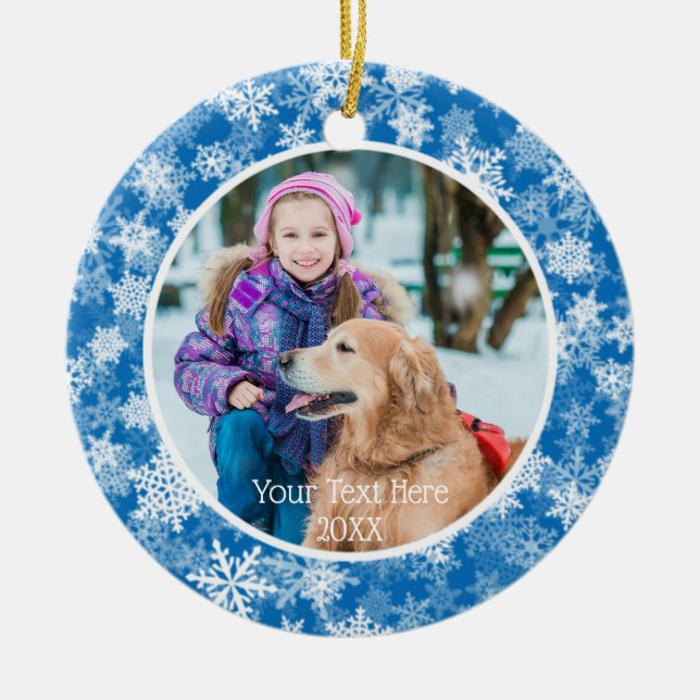 Snowflakes in Blue and White, Two Photo, Two Sided Ceramic Ornament (Front)