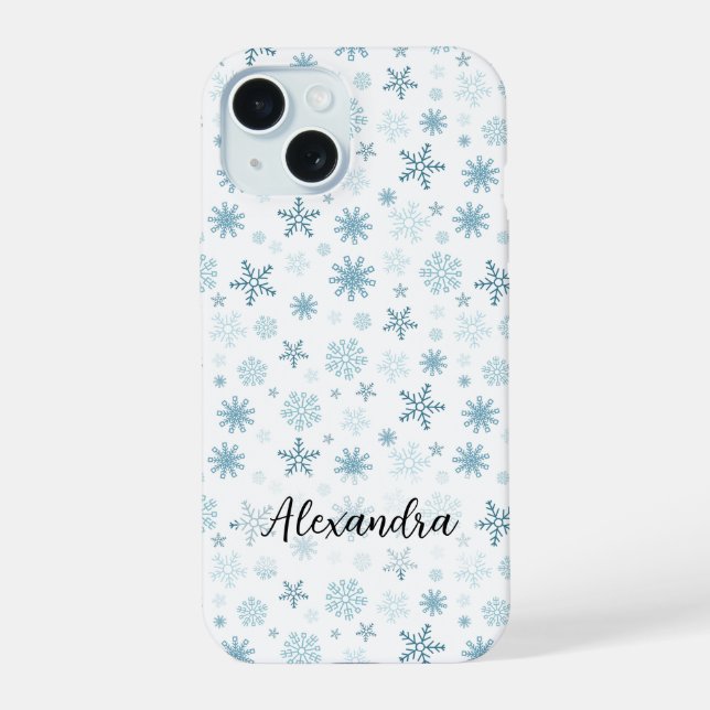 Snowflakes in Different Shades of Blue Winter iPhone 15 Case (Back)