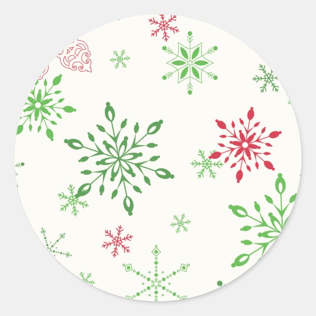 Snowflakes in green and red classic round sticker (Front)