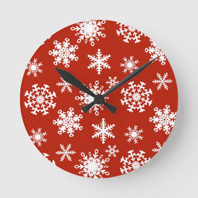 Snowflakes in white on red background round clock (Front)