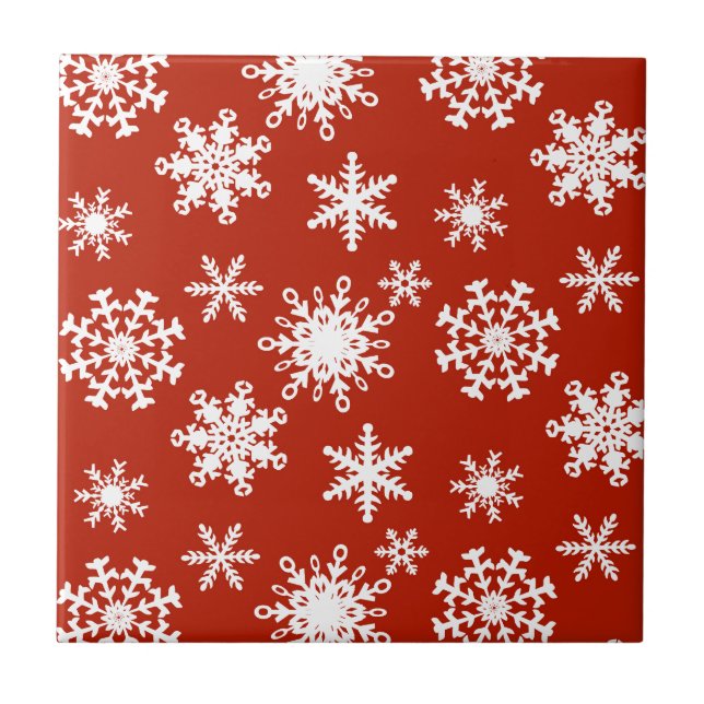 Snowflakes in white on red background tile (Front)