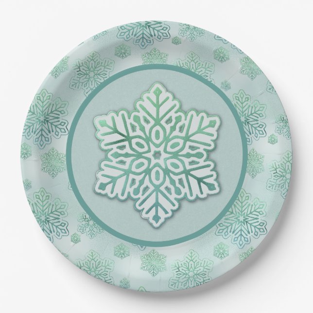 Snowflakes Iridescent Winter Green  Paper Plate (Front)