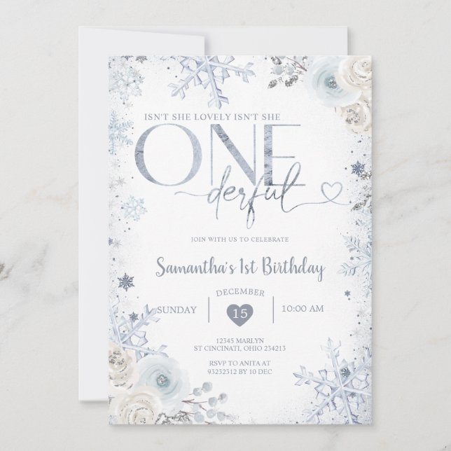 Snowflakes Isn't She Onederful 1st Birthday Invitation (Front)